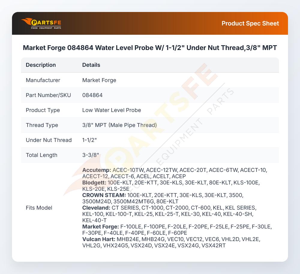 Market Forge 084864 Convection Steamer Water Level Probe W/1-1/2" Under Nut Thread 3/8" MPT