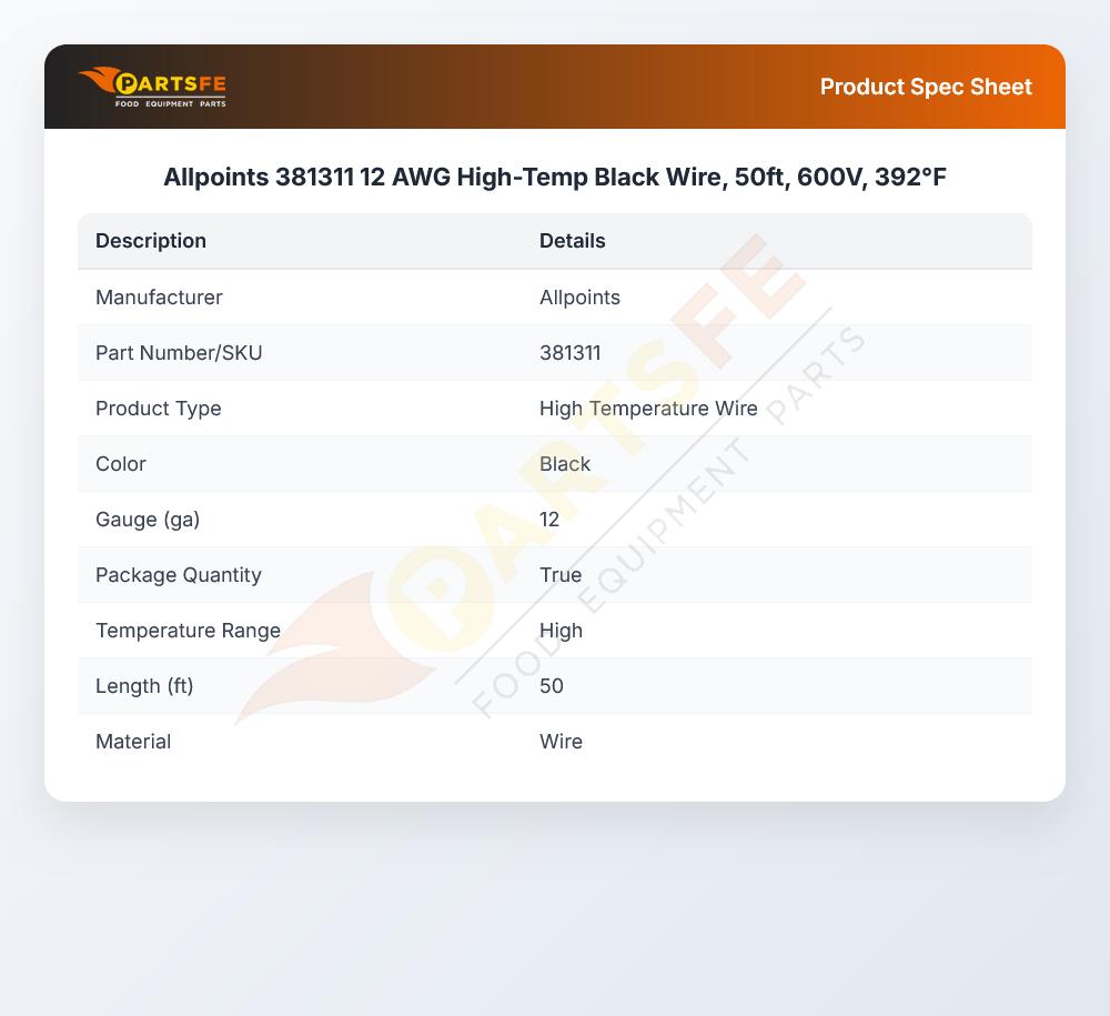 Allpoints 381311 12 AWG High-Temp Black Wire, 50ft, 600V, 392&deg;F