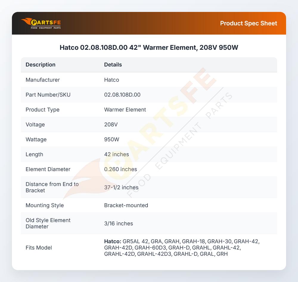 Hatco 02.08.108D.00 Warmer Element 42" 950W 208V