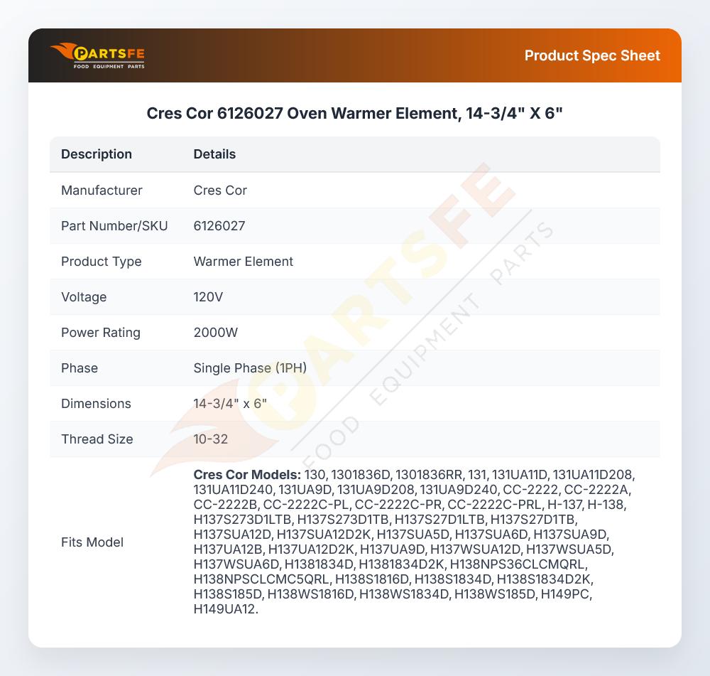 Cres Cor 6126027 Hot Cabinet Warmer Element 14-3/4" X 6"