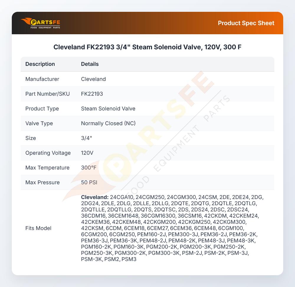 Cleveland FK22193 Convection Steamer Steam Solenoid Valve 3/4" 300&deg;F 120V