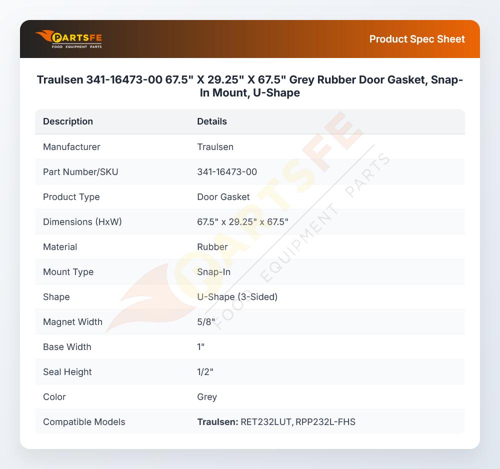 Traulsen 341-16473-00 Door Gasket Grey Rubber 67.5" X 29.25" X 67.5"