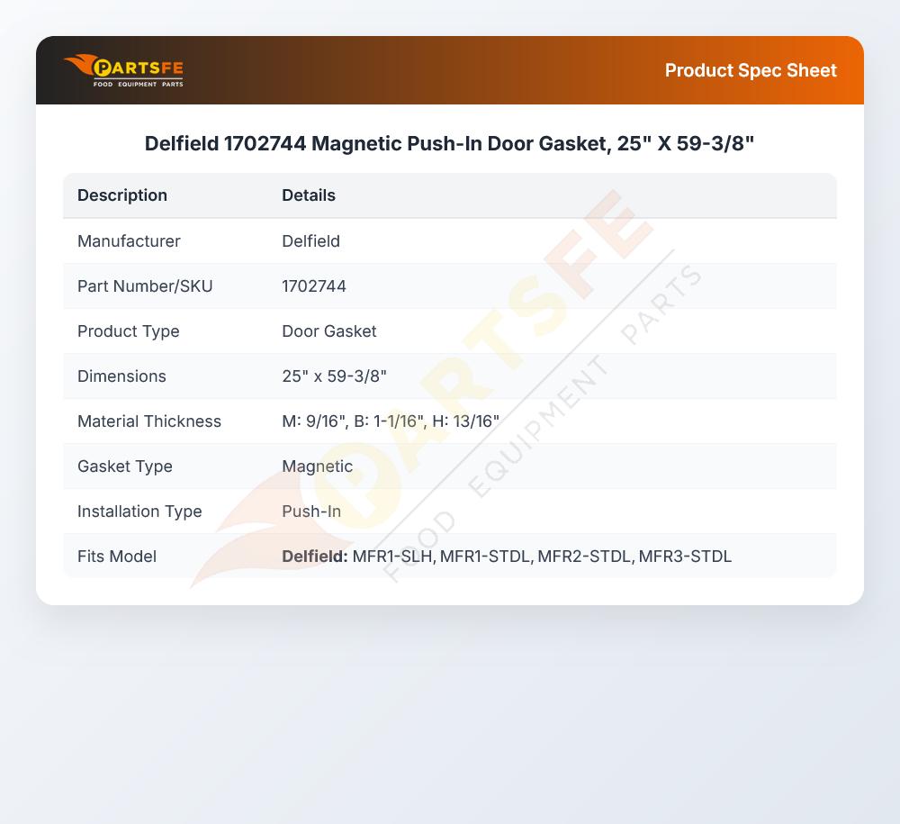 Delfield 1702744 Refrigerator Magnetic Push-In Door Gasket 25" X 59-3/8"
