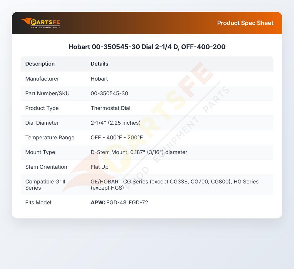 Hobart 00-350545-30 Dial 2-1/4" DIA OFF-400-200