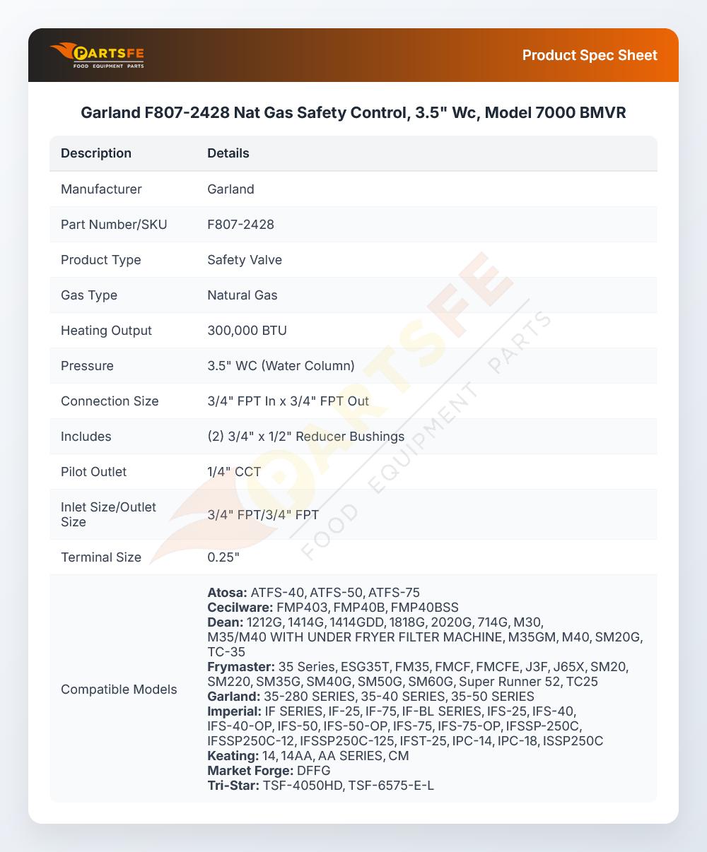 Garland F807-2428 Natural Gas Safety Control 3.5" WC Model 7000 BMVR
