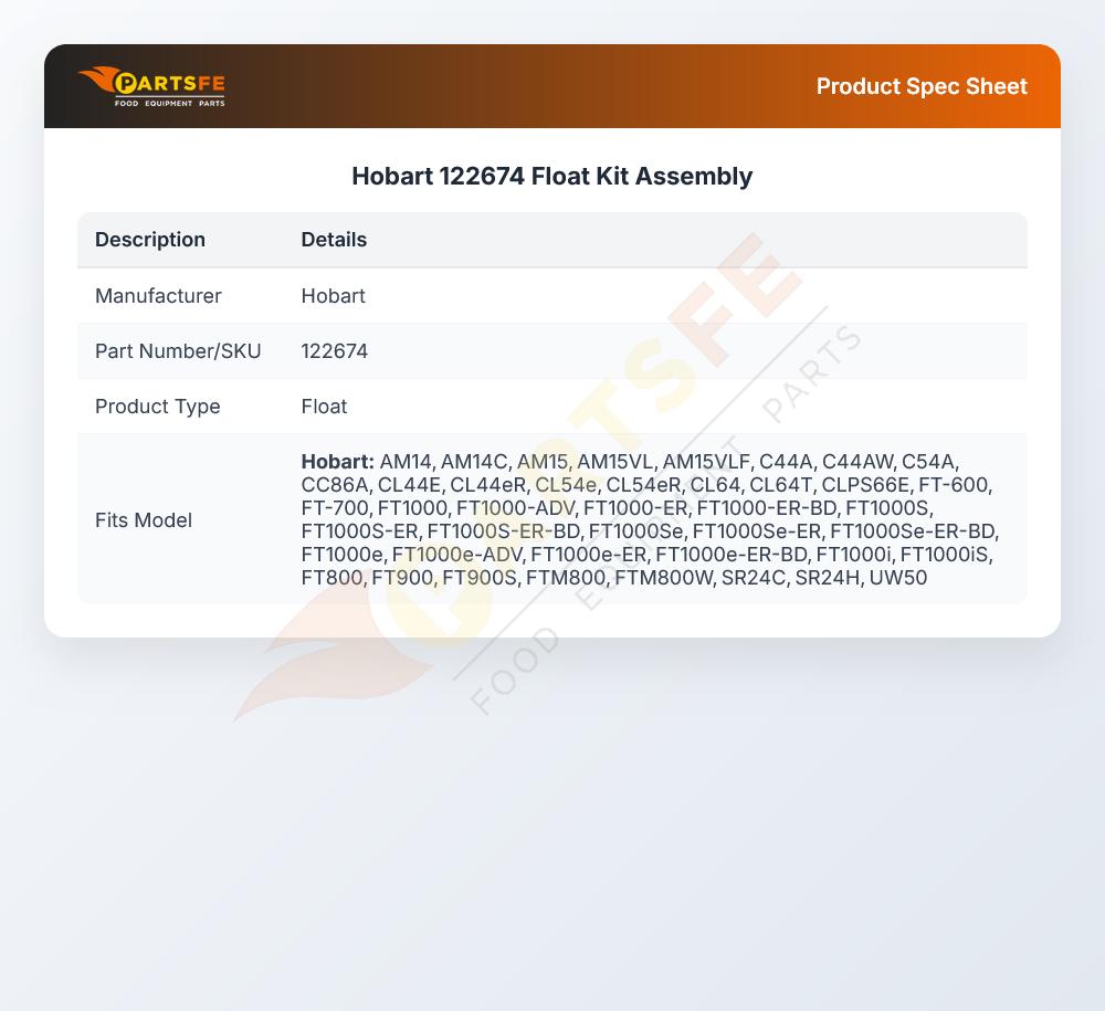 Hobart 122674 Float Kit Assembly