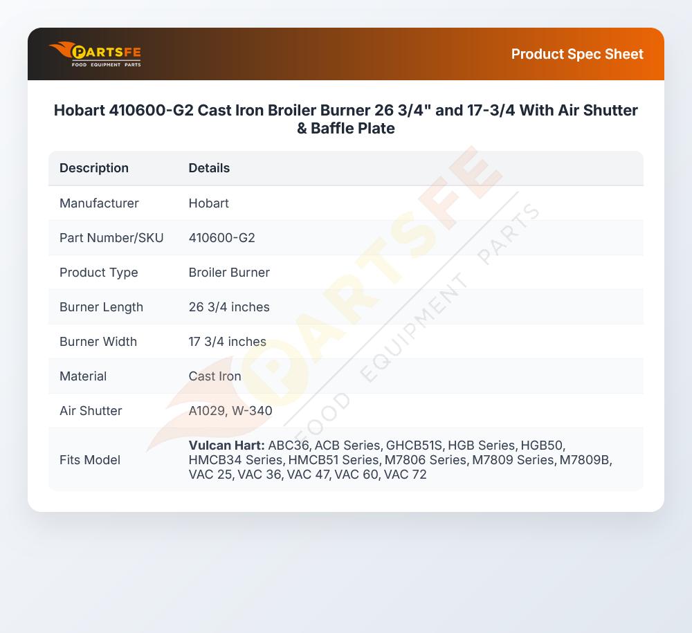 Hobart 410600-G2 Cast Iron Broiler Burner 26 3/4" and 17-3/4 With Air Shutter & Baffle Plate