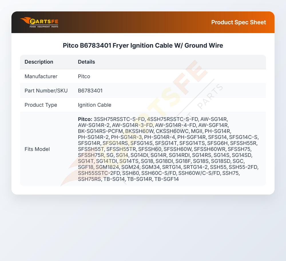 Pitco B6783401 Fryer Ignition Cable W/Ground Wire 20"