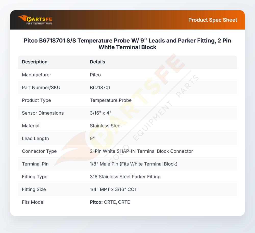 Pitco B6718701 Temperature Probe W/9" Leads & Parker Fitting 2-Pin White Terminal Block SS