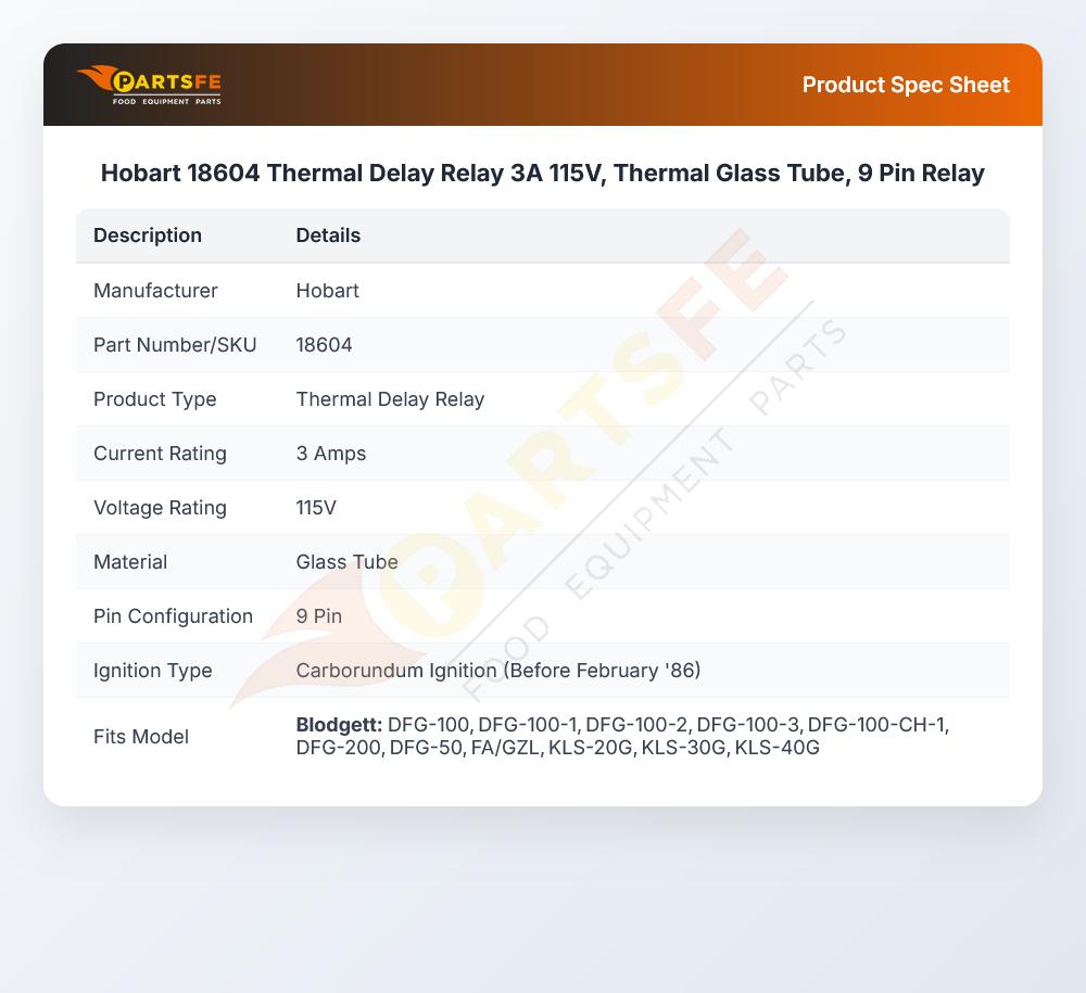Hobart 18604 Thermal Delay Relay 3A 115V, Thermal Glass Tube, 9 Pin Relay