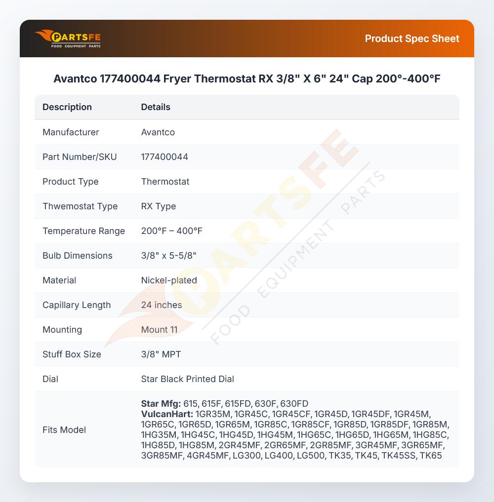 Avantco 177400044 Fryer Thermostat RX 3/8" X 5 5/8" 24" Cap 200&deg;-400&deg;F