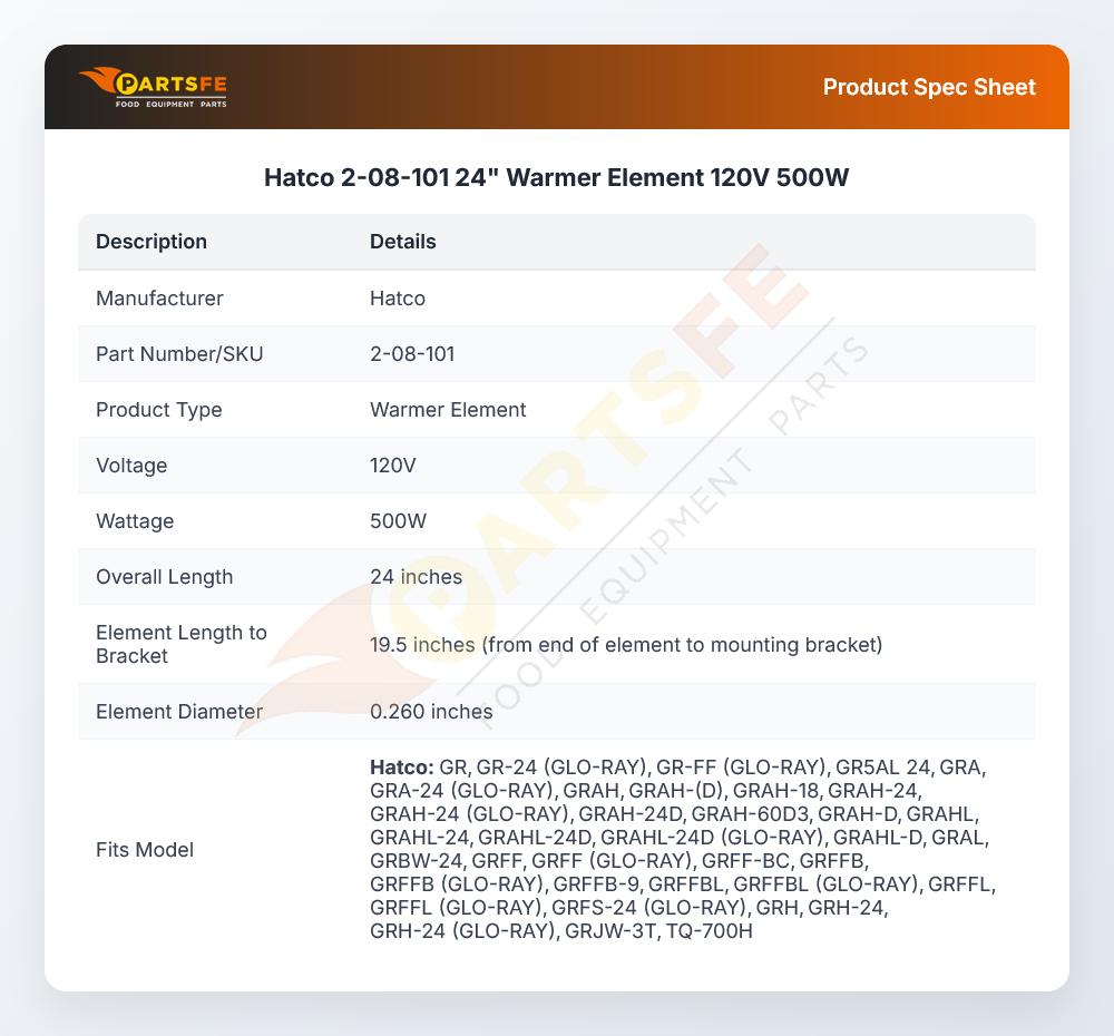 Hatco 2-08-101 24" Warmer Element 120V 500W
