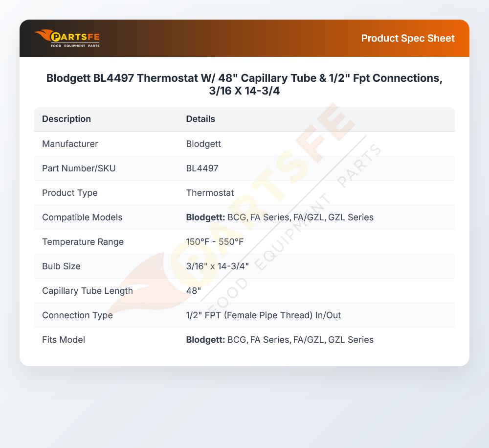 Blodgett BL4497 Thermostat W/48" Capillary Tube & 1/2" FPT Connections 3/16" X 14-3/4"