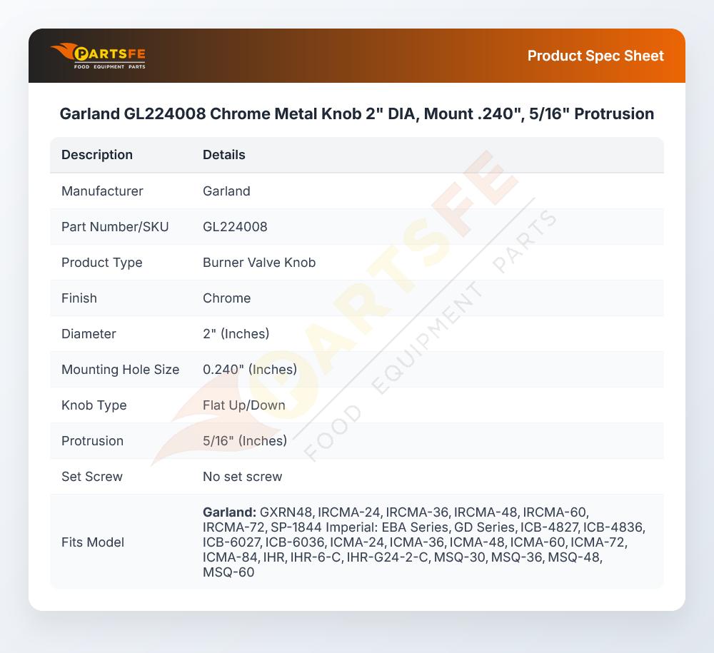 Garland GL224008 Burner Valve Knob Chrome Metal 2" DIA