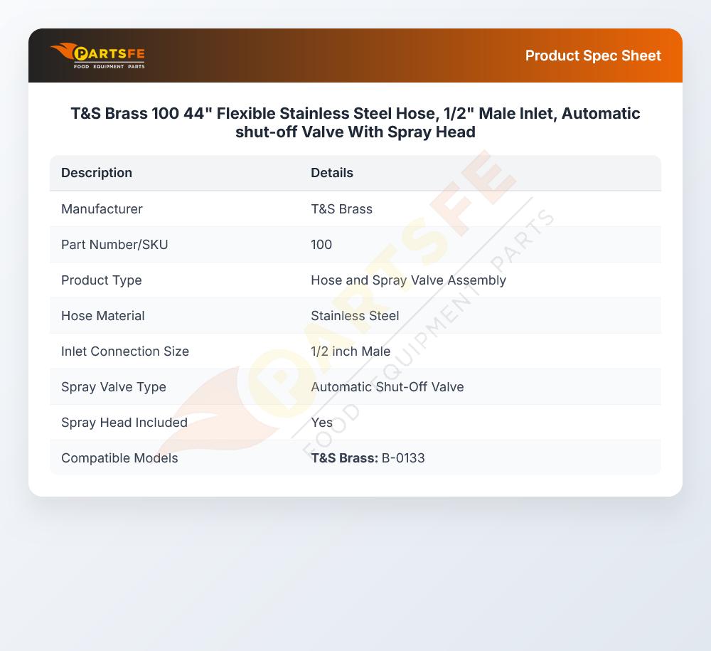 T&S Brass 100 Spray Valve W/Flexible SS Hose 44" Male Inlet 1/2" Automatic Shut-Off Valve