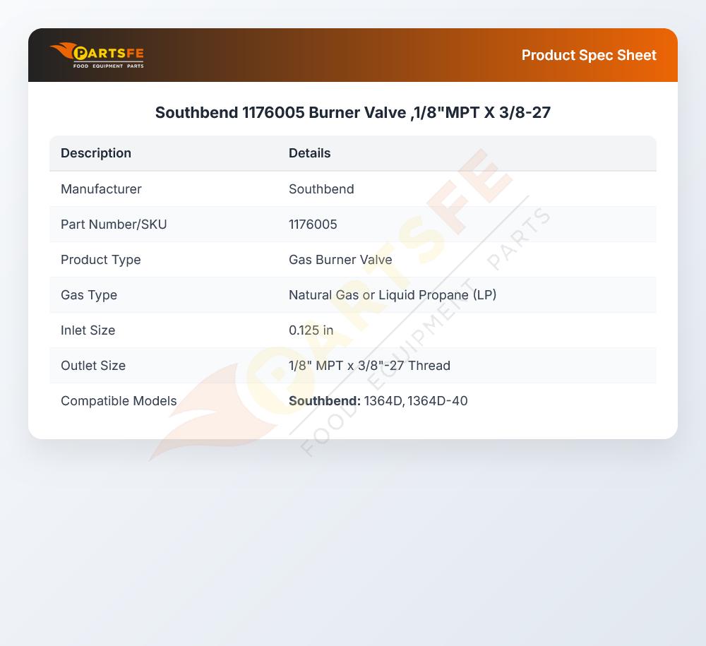 Southbend 1176005 Burner Valve ,1/8"MPT X 3/8-27