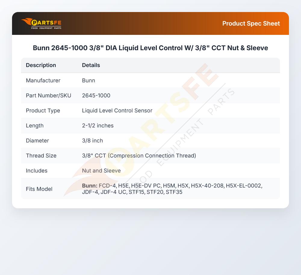 Bunn 2645-1000 3/8" DIA Liquid Level Control W/ 3/8" CCT Nut & Sleeve