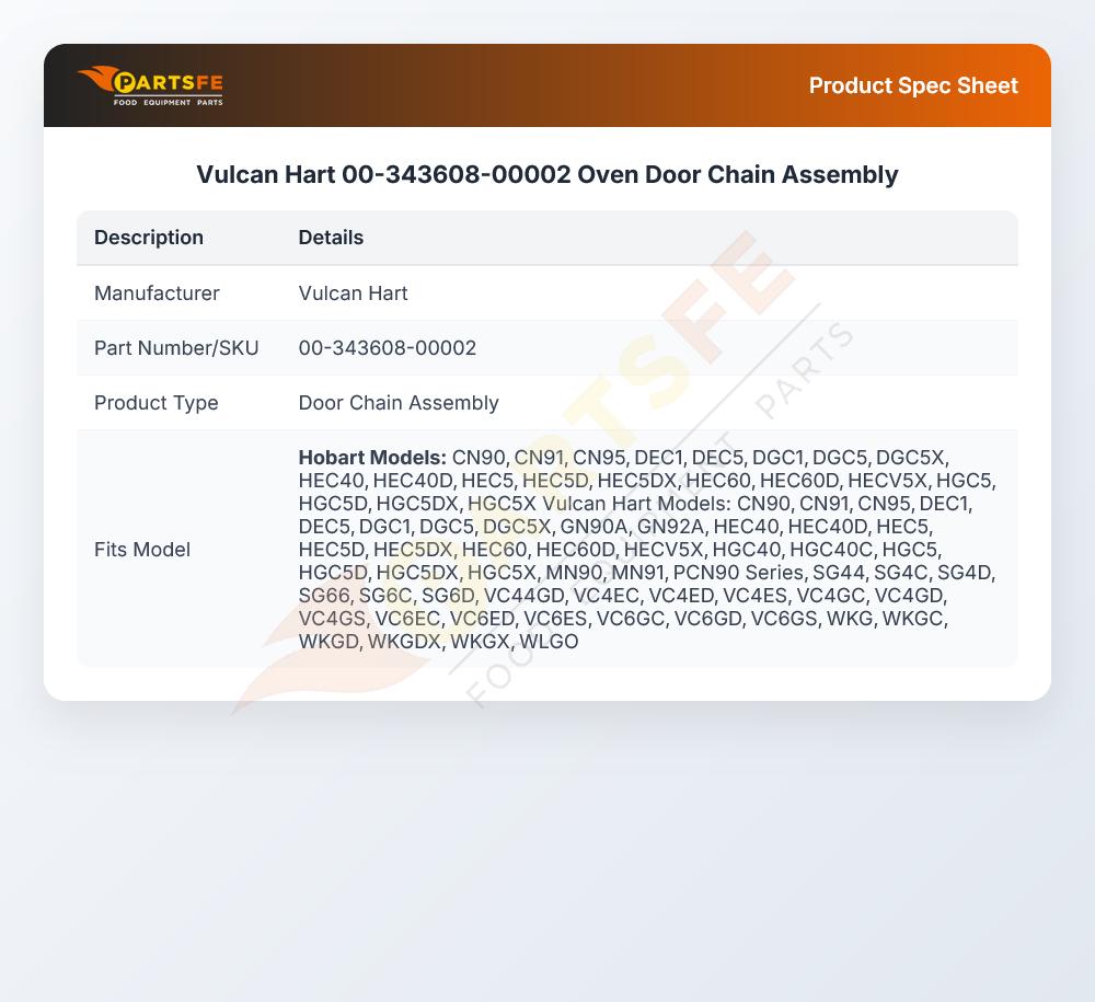 Vulcan Hart 00-343608-00002 Oven Door Chain Assembly