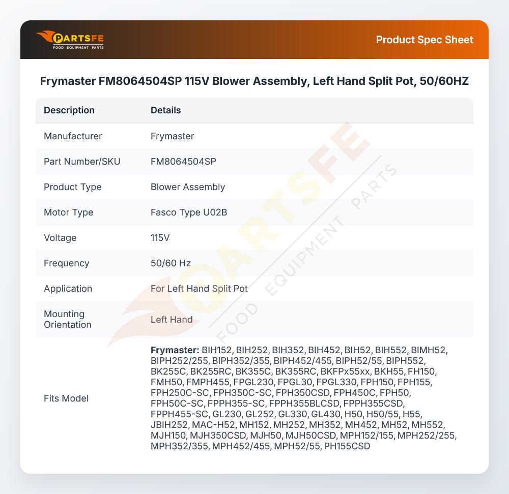 Frymaster FM8064504SP Fryer Blower Assembly Left Hand 115V