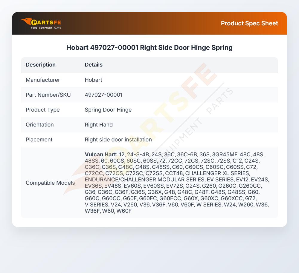 Hobart 497027-00001 Right Side Door Hinge Spring