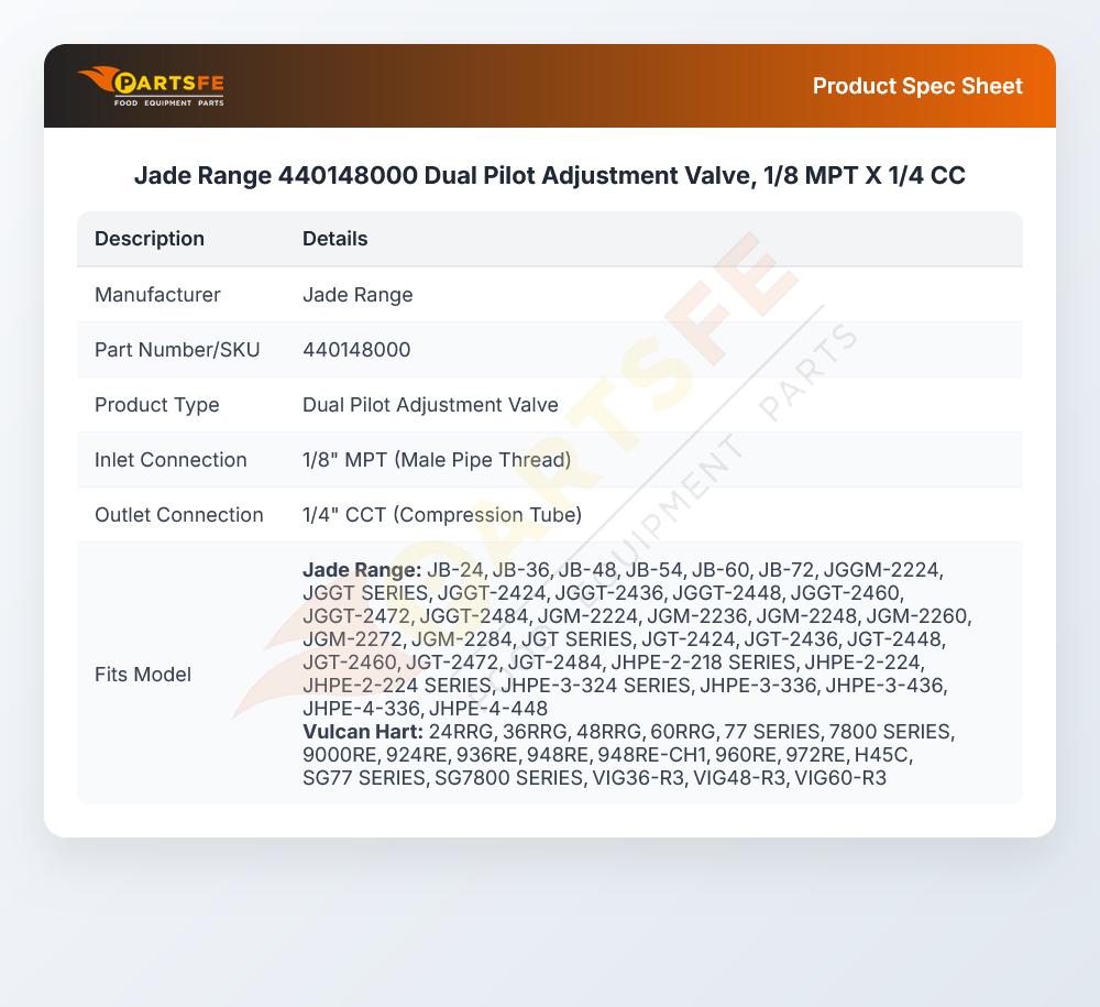 Jade Range 440148000 Dual Pilot Adjustment Valve, 1/8 MPT X 1/4 CC