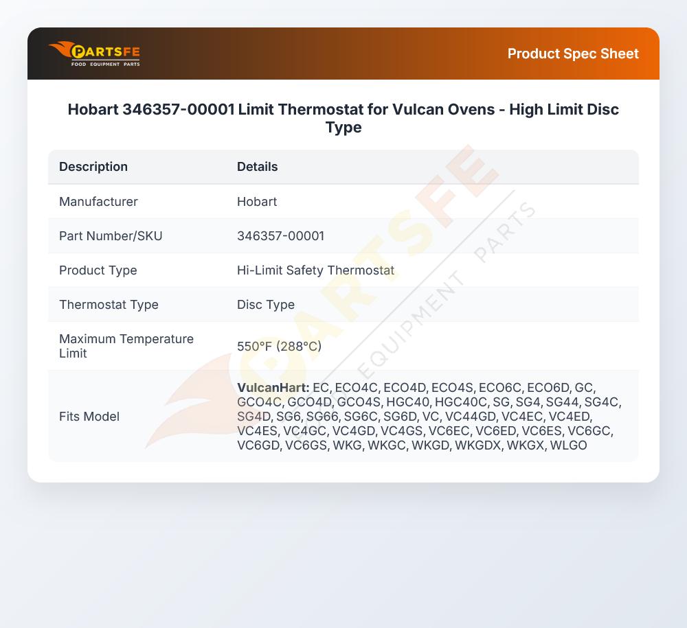 Hobart 346357-00001 Convection Oven High Limit Thermostat Disc Type