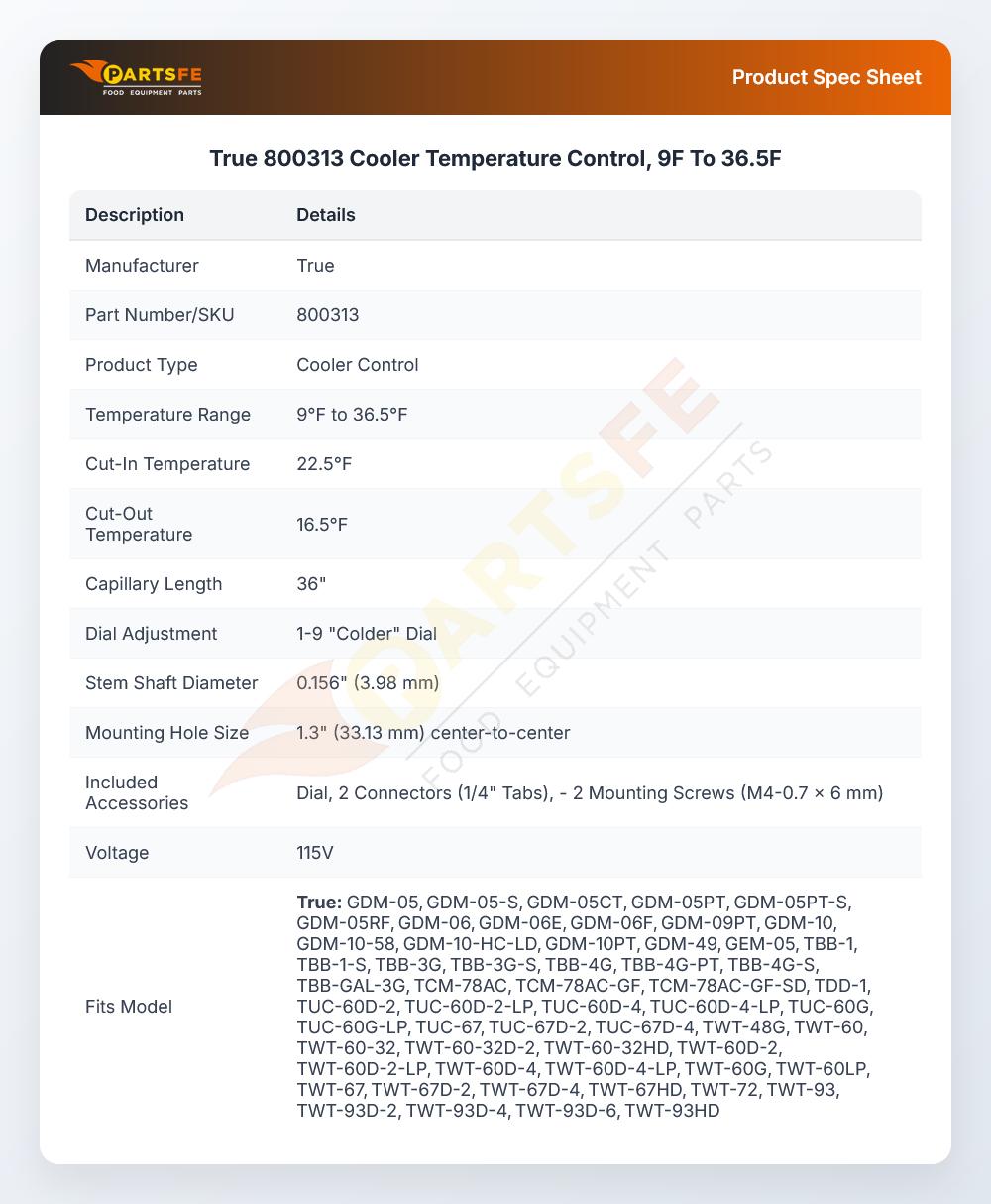 True 800313 Temperature Control 9&deg;F-36.5&deg;F