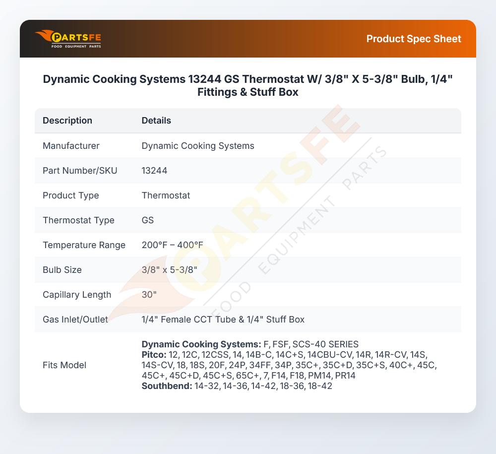 Dynamic Cooking Systems 13244 Thermostat W/ 3/8" X 5-3/8" Bulb 1/4" Fittings & Stuff Box GS