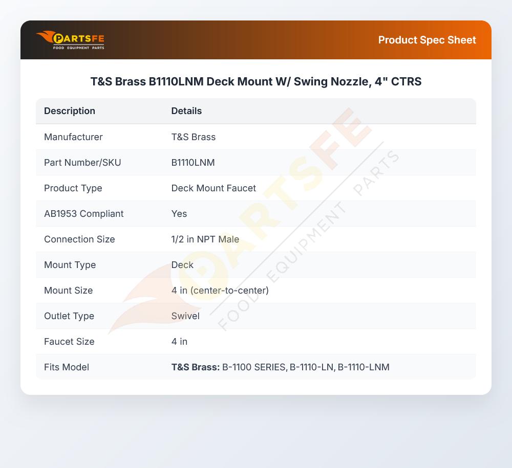 T&S Brass B1110LNM Deck Mount W/Swing Nozzle 4" CTRS