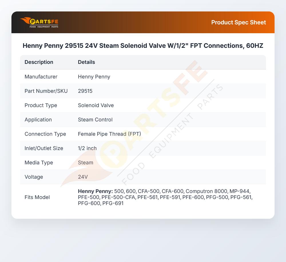 Henny Penny 29515 Fryer Solenoid Valve 1/2" NPT 24V 60Hz