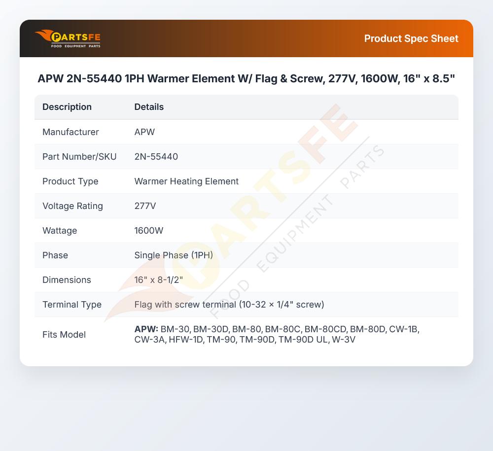 APW 2N-55440 1PH Warmer Element W/ Flag & Screw, 277V, 1600W, 16" x 8.5"