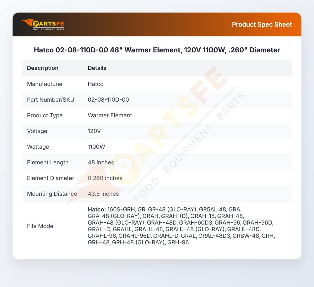 Hatco 02-08-110D-00 48" Warmer Element, 120V 1100W, .260" Diameter