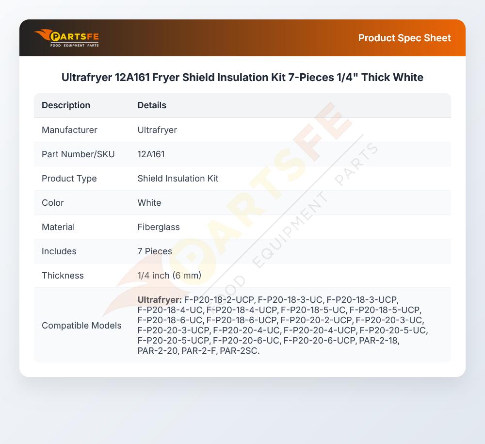 Ultrafryer 12A161 Fryer Shield Insulation Kit 7-Pieces 1/4" Thick White