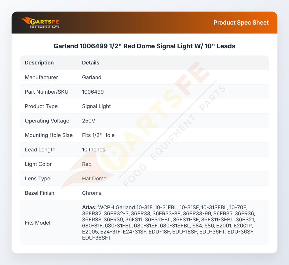 Garland 1006499 1/2" Red Dome Signal Light W/ 10" Leads