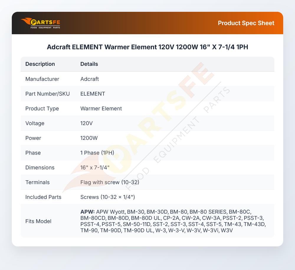 Adcraft ELEMENT Warmer Element 120V 1200W 16" X 7-1/4 1PH