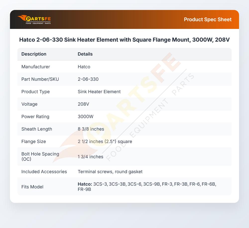 Hatco 2-06-330 Sink Heater Element with Square Flange Mount, 3000W, 208V
