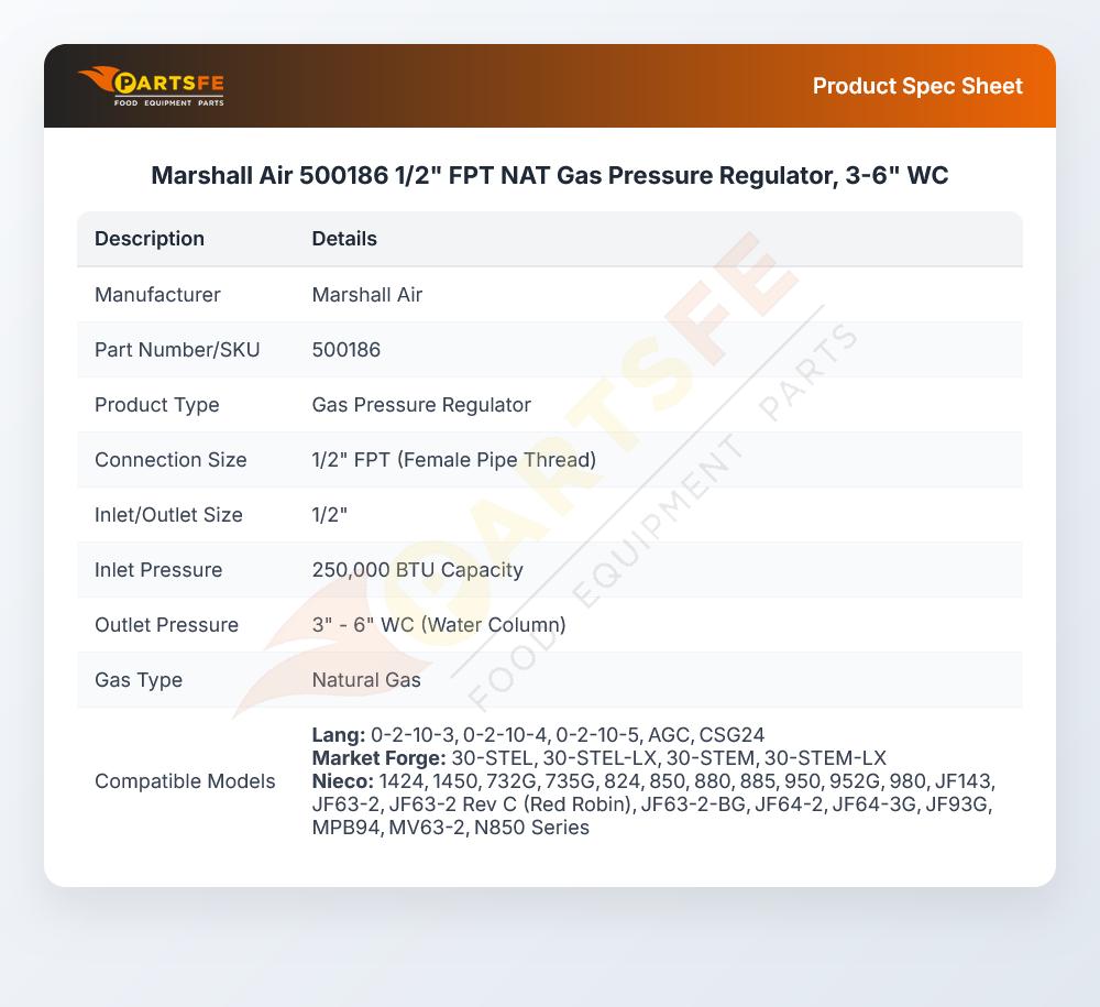 Marshall Air 500186 1/2" FPT NAT Gas Pressure Regulator, 3-6" WC