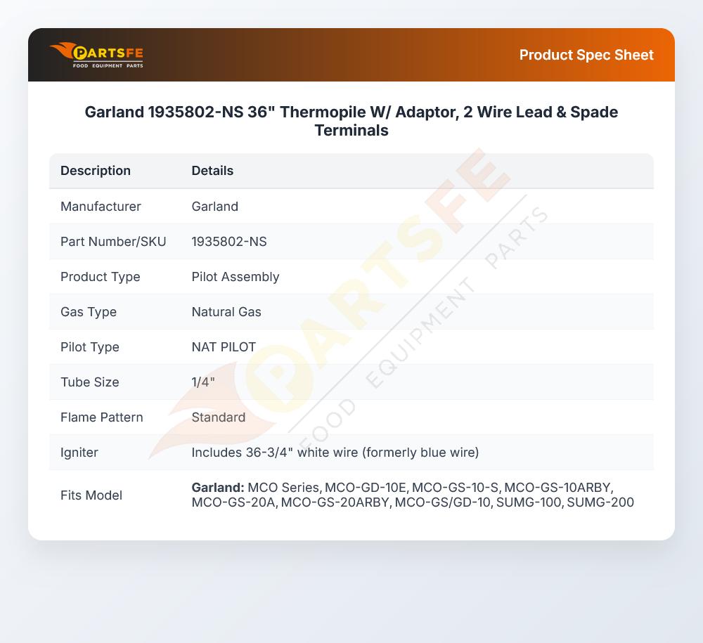 Garland 1935802-NS Thermopile W/Adaptor 2 Wire Lead & Spade Terminals 36"