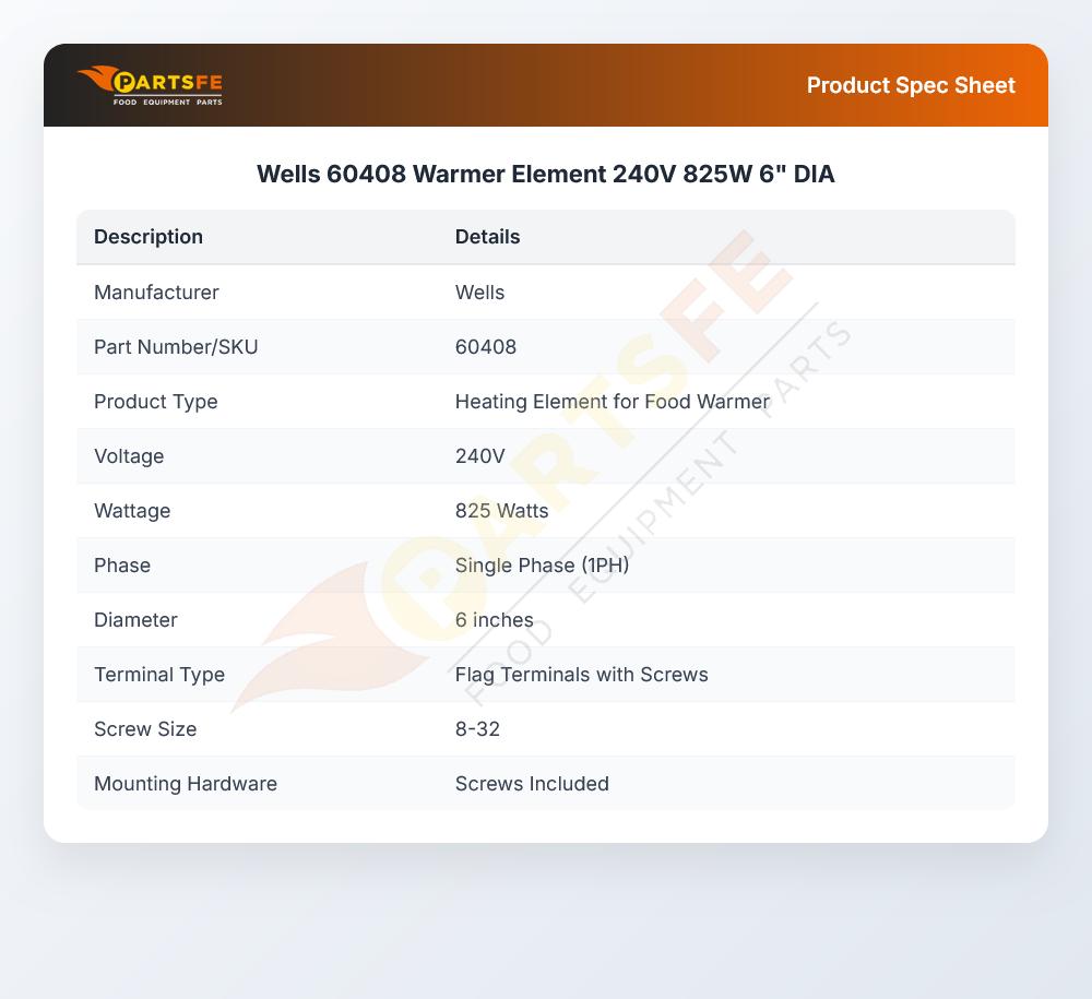 Wells 60408 Warmer Element 240V 825W 6" DIA