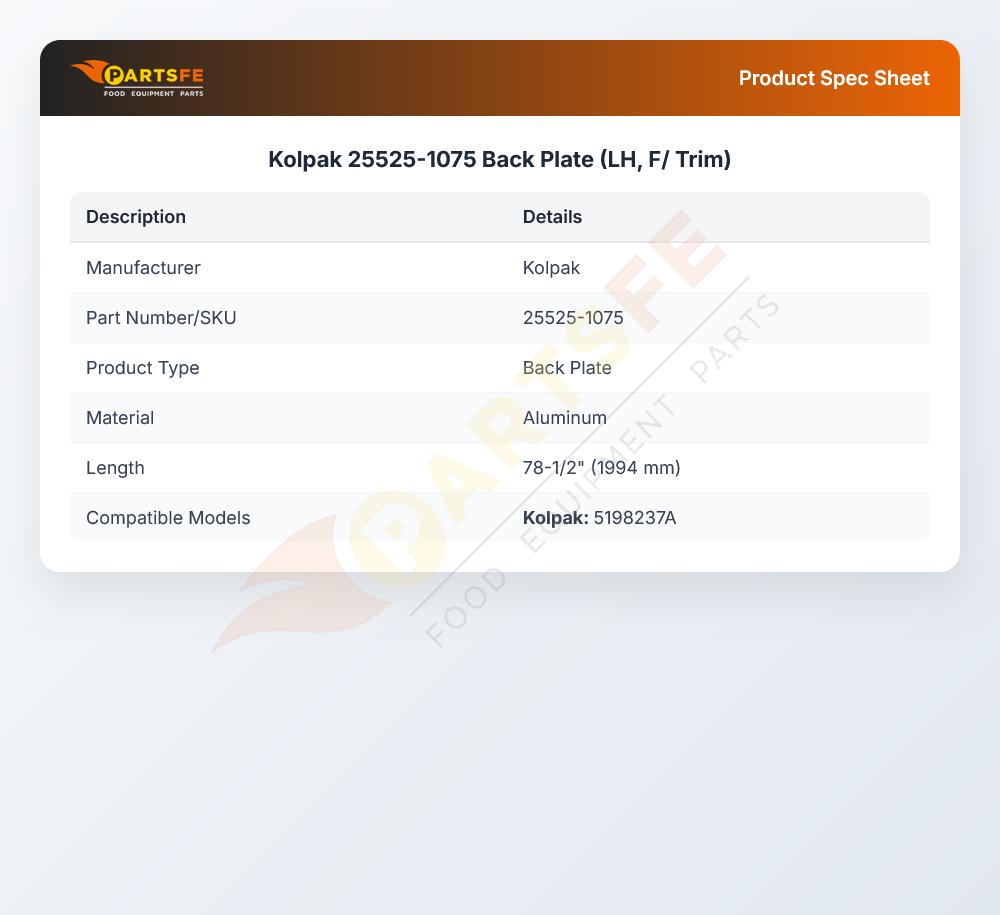 Kolpak 25525-1075 Back Plate  (LH, F/ Trim)
