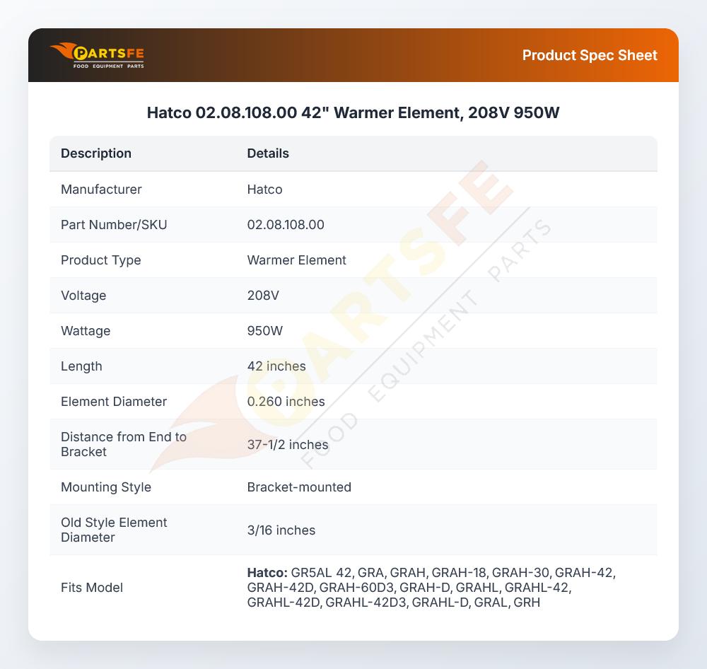 Hatco 02.08.108.00 Element 42" 950W 208V