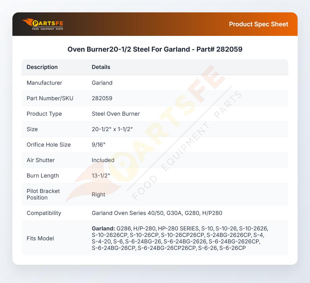 Oven Burner20-1/2  Steel For Garland - Part# 282059