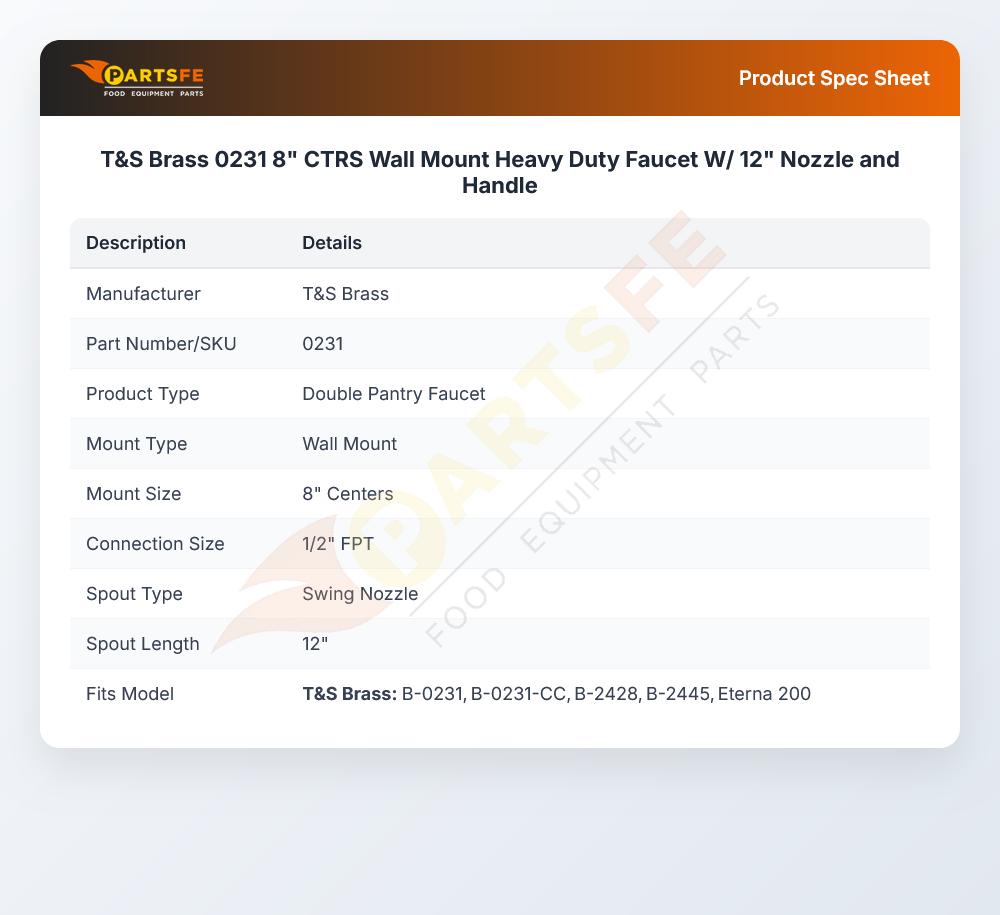 T&S Brass 0231 Wall Mount Faucet Heavy Duty W/12" Nozzle and Handle 8" CTRS