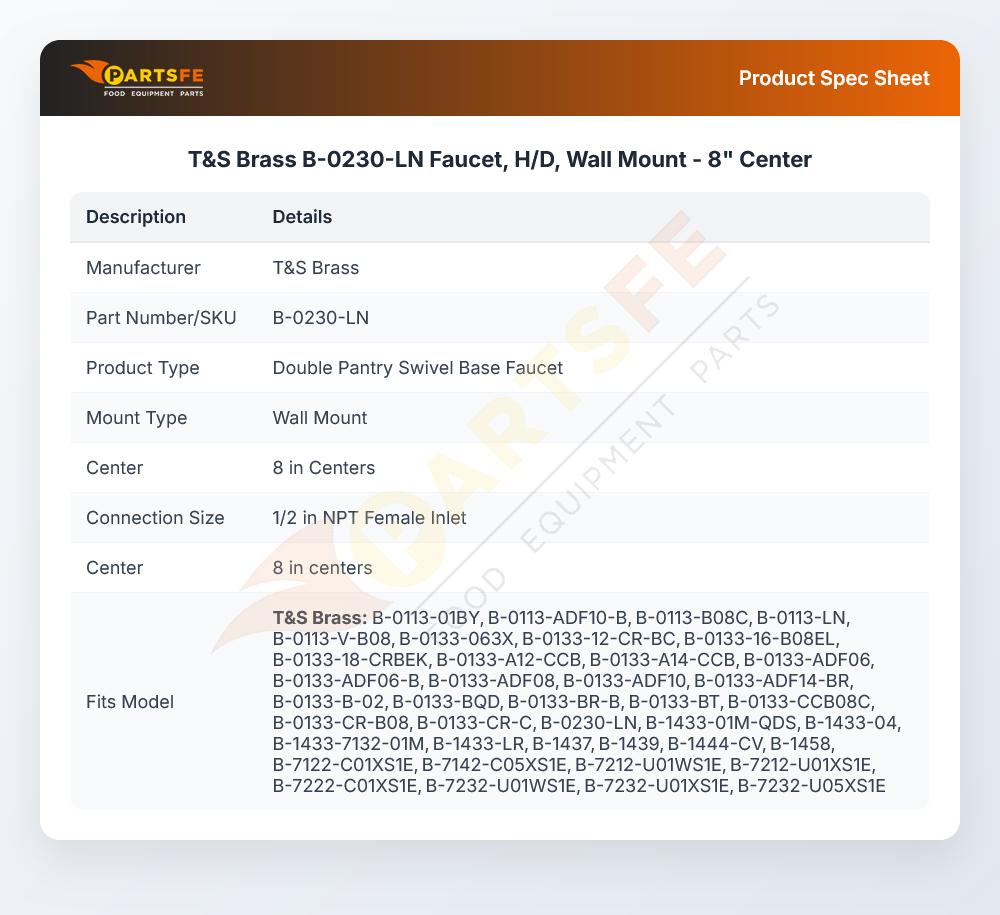 T&S Brass B-0230-LN Faucet Wall Mount H/D 8" Centers