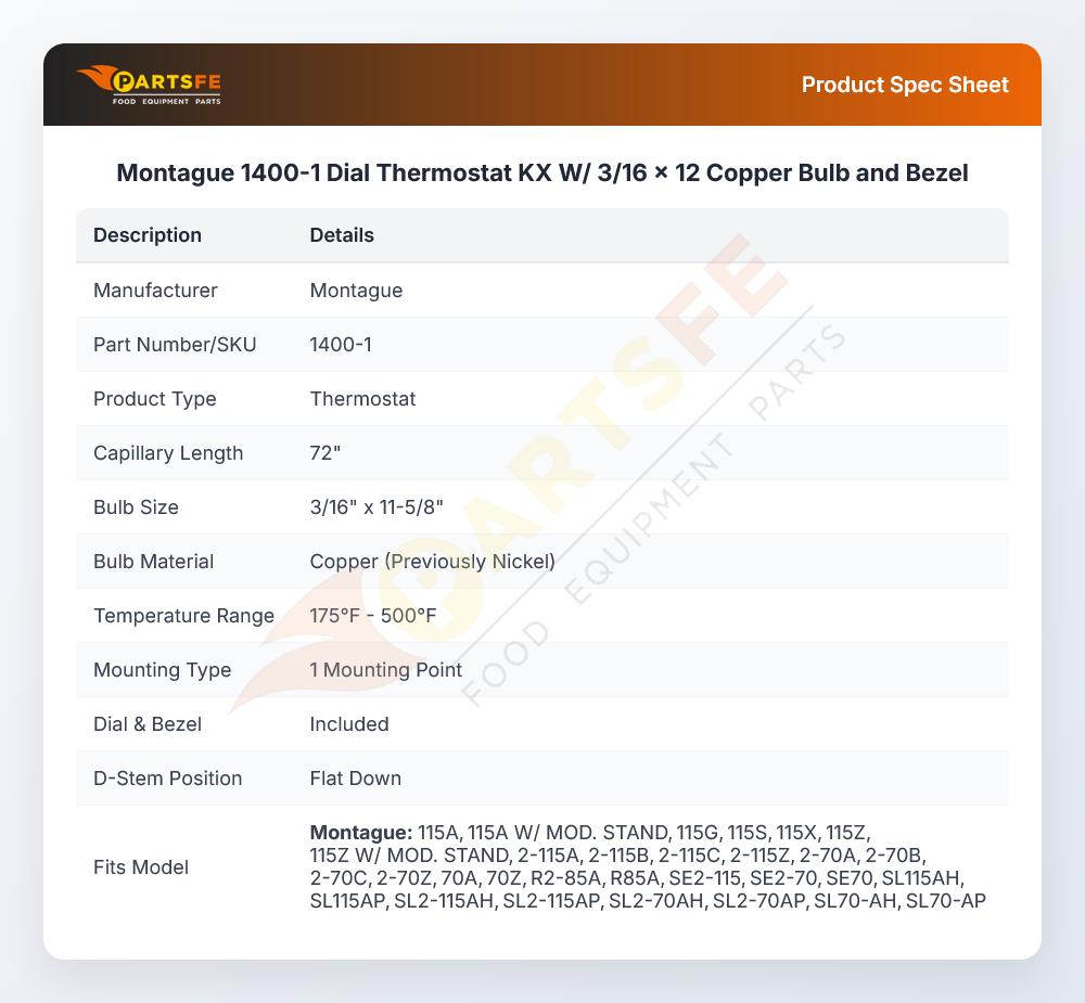 Montague 1400-1 Thermostat W/Dial KX 3/16" X 12" Copper Bulb & Bezel