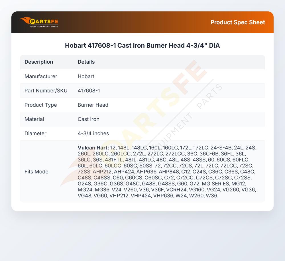 Hobart 417608-1 Burner Head Cast Iron 4-3/4" DIA