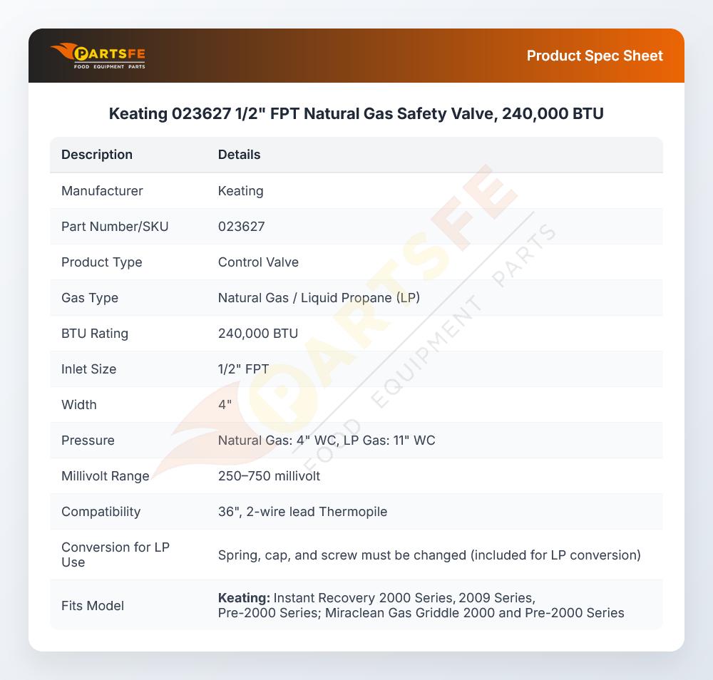 Keating 023627 Control Valve 1/2" FPT 240000 BTU