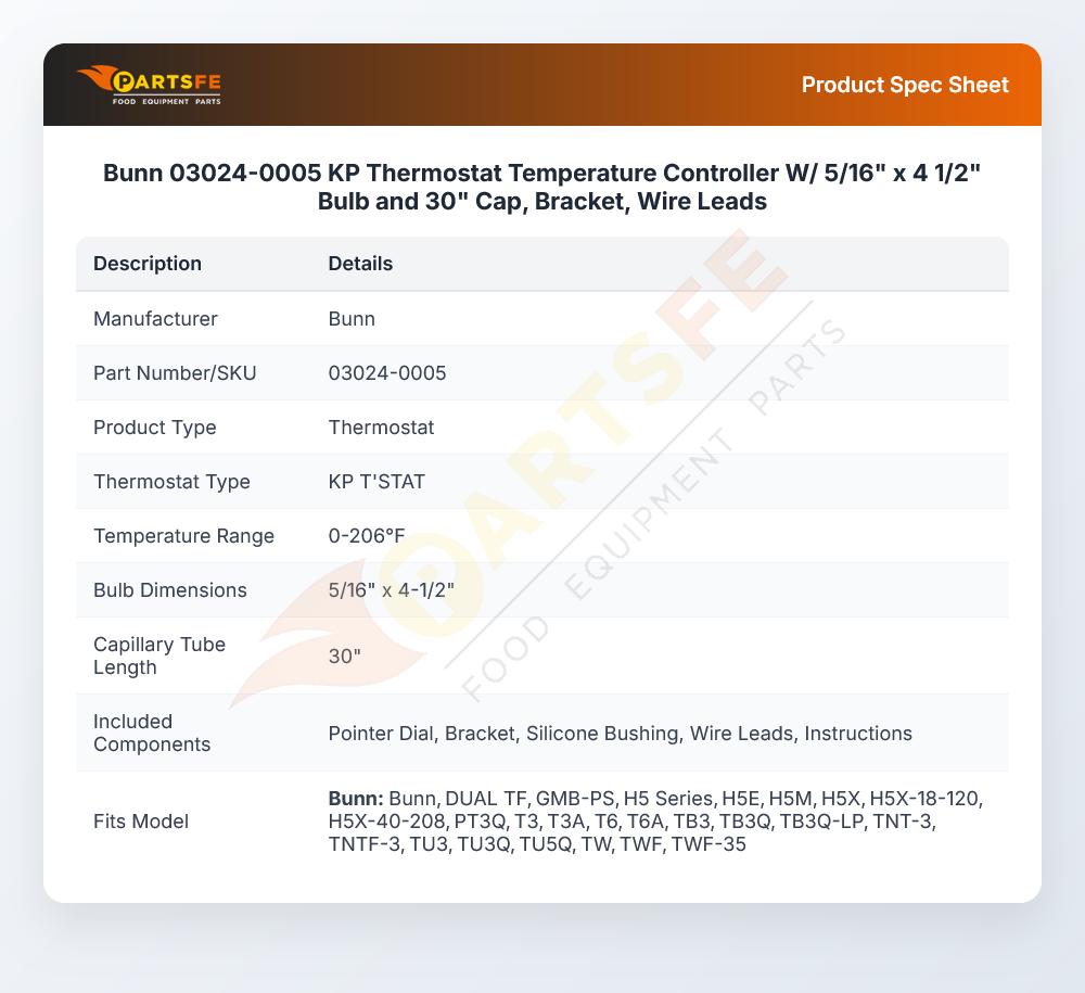 Bunn 03024-0005 KP Thermostat Temperature Controller W/ 5/16" x 4 1/2" Bulb and 30" Cap, Bracket, Wire Leads