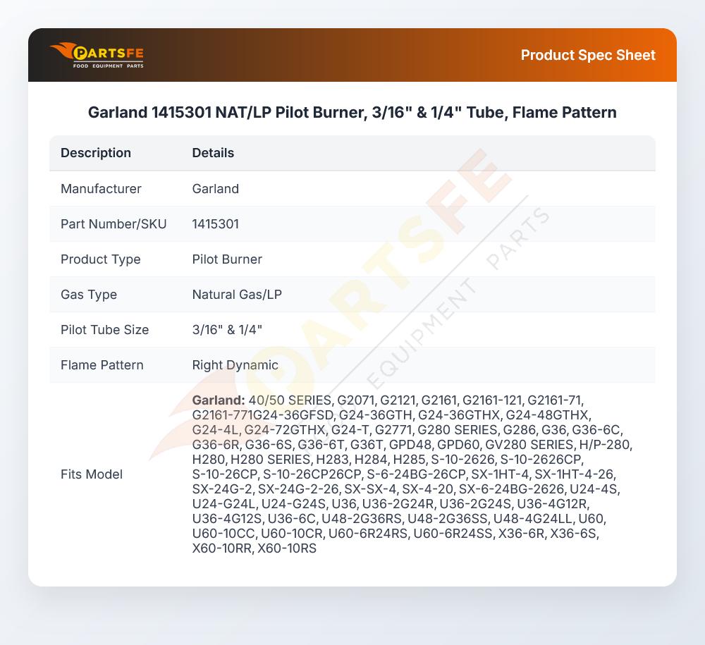 Garland 1415301 Range Pilot Burner 3/16" & 1/4" Tube Flame Pattern NAT/LP