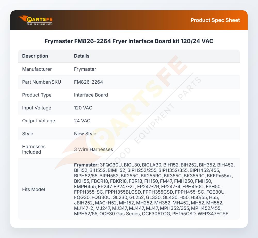 Frymaster FM826-2264 Fryer Interface Board kit 120/24 VAC